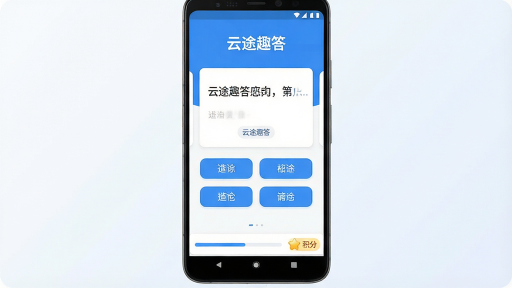 云途趣答应用主界面展示,画面中央是一部安卓手机,屏幕内呈现蓝白色调的问答答题界面,顶部显示“云途趣答”软件名称字样,中部为题目卡片与四个选项按钮,底部有进度条与积分图标,背景为简洁的浅色渐变,整体布局居中对称,风格清爽现代,细节清晰,画质干净,无多余元素