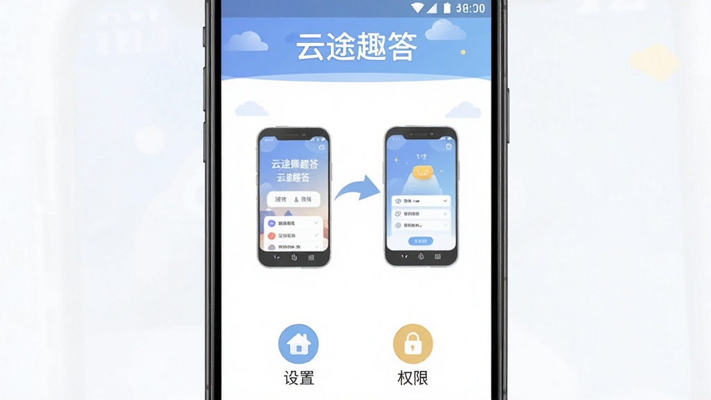 云途趣答手机端操作指引图,画面展示一部安卓手机屏幕内呈现答题操作步骤,顶部显示“云途趣答”字样,中部为分步图示与箭头指引,底部为设置与权限图标,整体风格简洁直观,配色柔和,排版清晰,画质干净,无多余元素