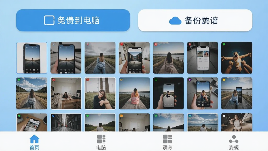 手机相册免费备份软件主界面截图,画面中央展示手机相册缩略图网格,顶部有备份到电脑和备份到云端两个大按钮,底部导航栏清晰,背景为浅蓝色渐变,整体风格清爽现代,画质干净无多余元素