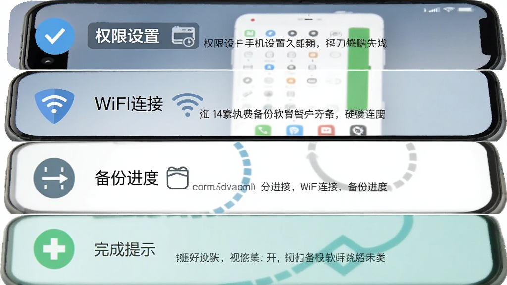 手机相册免费备份软件使用教程示意图,画面展示手机屏幕从上到下依次为权限设置、WiFi连接、备份进度、完成提示四个步骤,每步配有简洁图标和文字说明,风格扁平化,画质干净清晰
