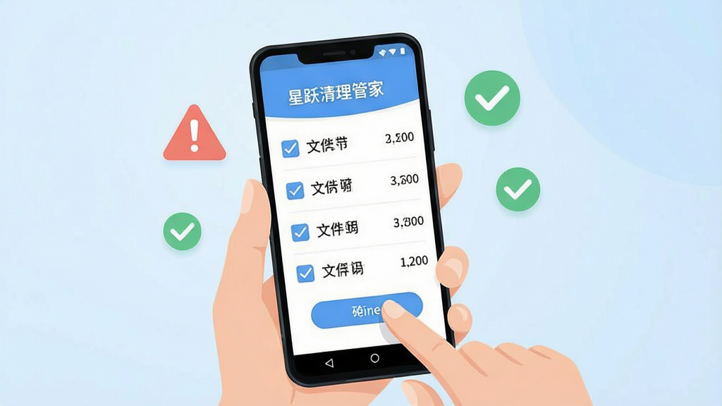一幅手机清理操作场景的插画,画面中一只手拿着安卓手机,手机屏幕上显示“星跃清理管家”的清理确认界面,界面中列出多个勾选项和文件大小,手指正悬停在确认按钮上方。手机旁边漂浮着警示图标和勾选标记,背景为柔和的浅蓝色渐变,整体风格简洁直观,画质清晰,无多余元素。