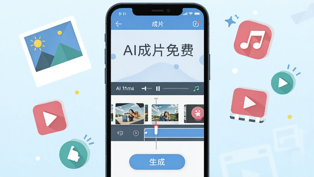 画面中央展示一部智能手机,手机屏幕上显示AI成片免费的软件界面,界面中有视频时间轴、素材缩略图和生成按钮,手机周围散落着照片、音乐图标和视频播放符号,背景为浅蓝色渐变,整体采用扁平化插画风格,细节清晰,画质干净,无多余元素,画面中文字标注