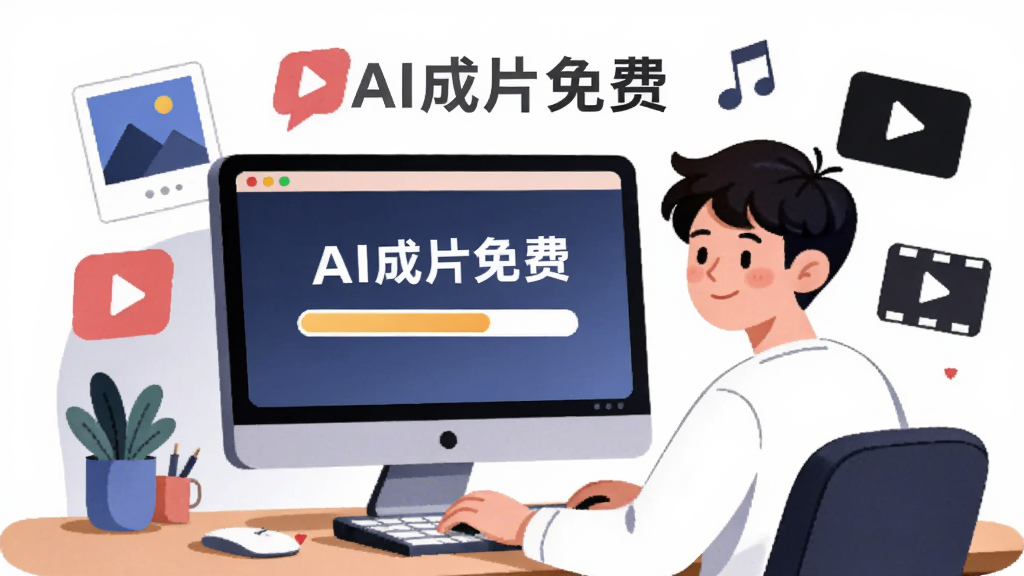 画面主体为一位年轻用户坐在书桌前,面前电脑屏幕显示AI成片免费的自动生成进度条,屏幕周围环绕着照片、音乐符号和视频片段图标,布局采用居中构图,风格为现代简约插画,细节表现用户轻松的表情,画质清晰干净,画面中文字标注