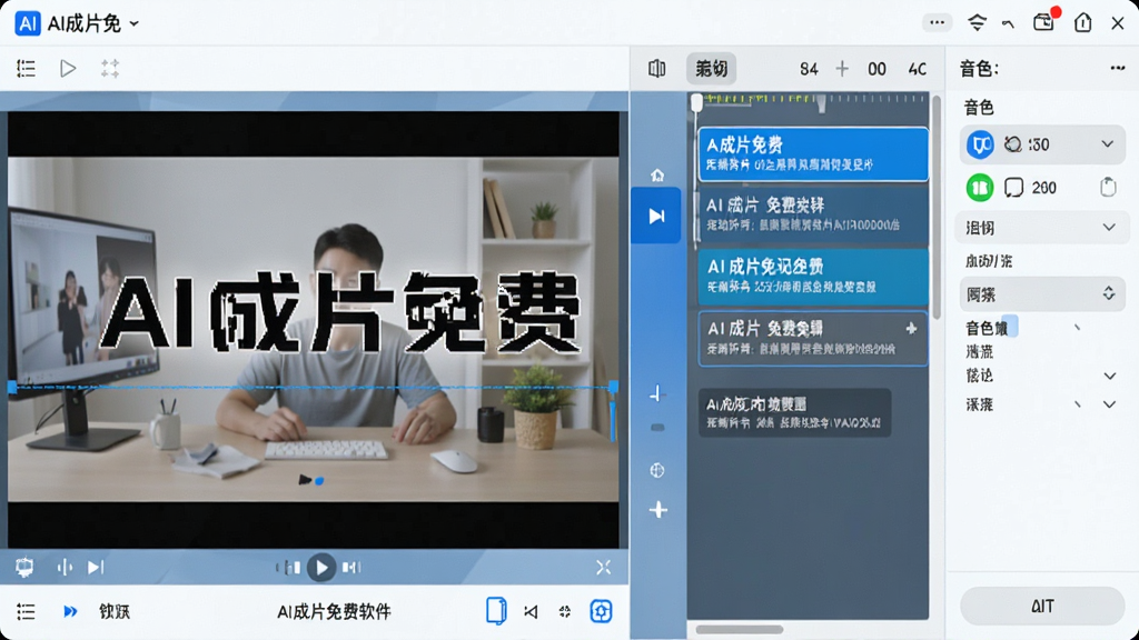画面展示AI成片免费软件界面中的字幕编辑区域,左侧为视频预览窗口,右侧为字幕轨道和音色选择列表,界面风格清爽,采用蓝白配色,细节表现字幕自动对齐效果,画质干净,无多余元素,画面中文字标注