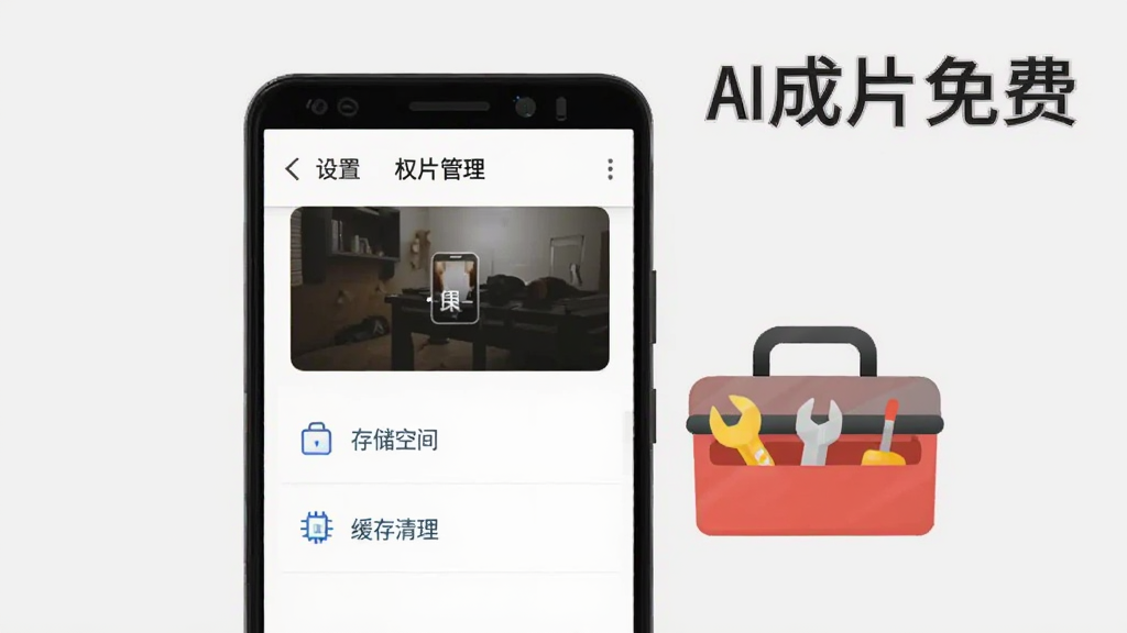 画面展示一部安卓手机屏幕,屏幕上显示AI成片免费的设置界面,包含权限管理、存储空间和缓存清理选项,手机旁边放置一个工具箱图标,背景为浅灰色,风格为扁平化UI插画,细节清晰,画质干净,画面中文字标注