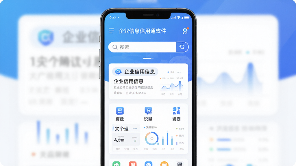 主体为一部安卓智能手机,屏幕居中显示企业信息信用通软件主界面,界面包含搜索框和功能图标,布局为手机正面竖屏展示,排版居中,风格为简洁商务科技风,细节包含蓝色渐变背景、企业信用信息卡片、数据图表元素,画质高清,干净,无多余元素