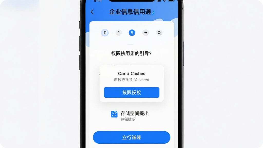 主体为手机屏幕显示企业信息信用通新手引导页面,布局为竖屏居中,排版包含步骤指示器和操作提示文字,风格为清新简约风,细节包含蓝色高亮按钮、权限授权弹窗、存储空间提示图标,画质高清,干净,无多余元素