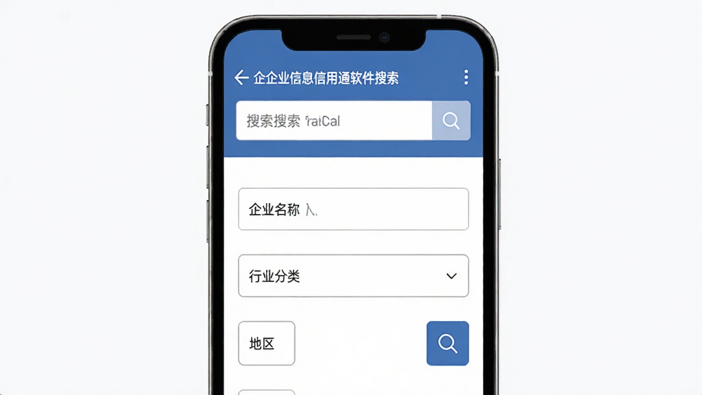 主体为企业信息信用通软件搜索界面,布局为手机屏幕竖屏展示,排版上方为搜索框下方为筛选条件选项,风格为简约扁平化设计,细节包含企业名称输入框、行业分类下拉菜单、地区选择按钮、搜索图标,画质高清,干净,无多余元素