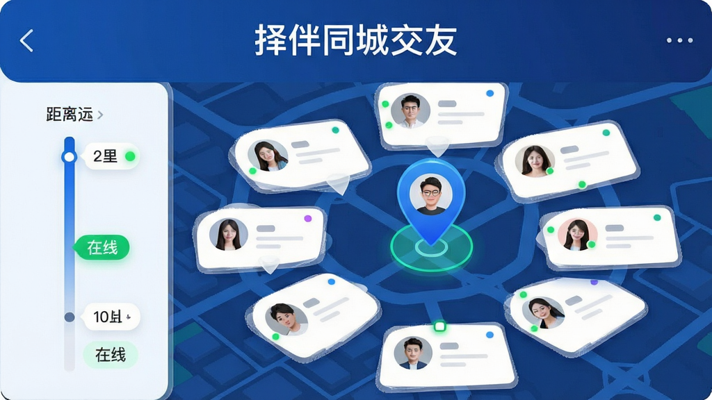 手机界面展示地图与用户头像分布,