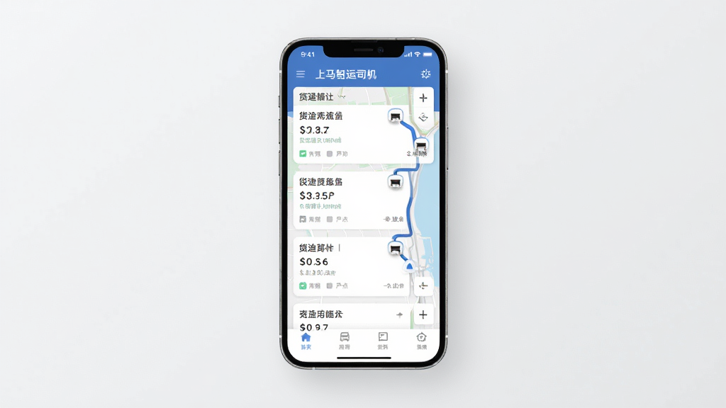 一张展示上马智运司机版手机应用界面的图片,画面中央是一部竖屏智能手机,屏幕上显示着货运订单列表与地图导航混合布局,背景是干净浅灰色,风格简洁现代科技感,细节包括订单卡片、路线线条、车辆图标,画质清晰,干净,无多余元素