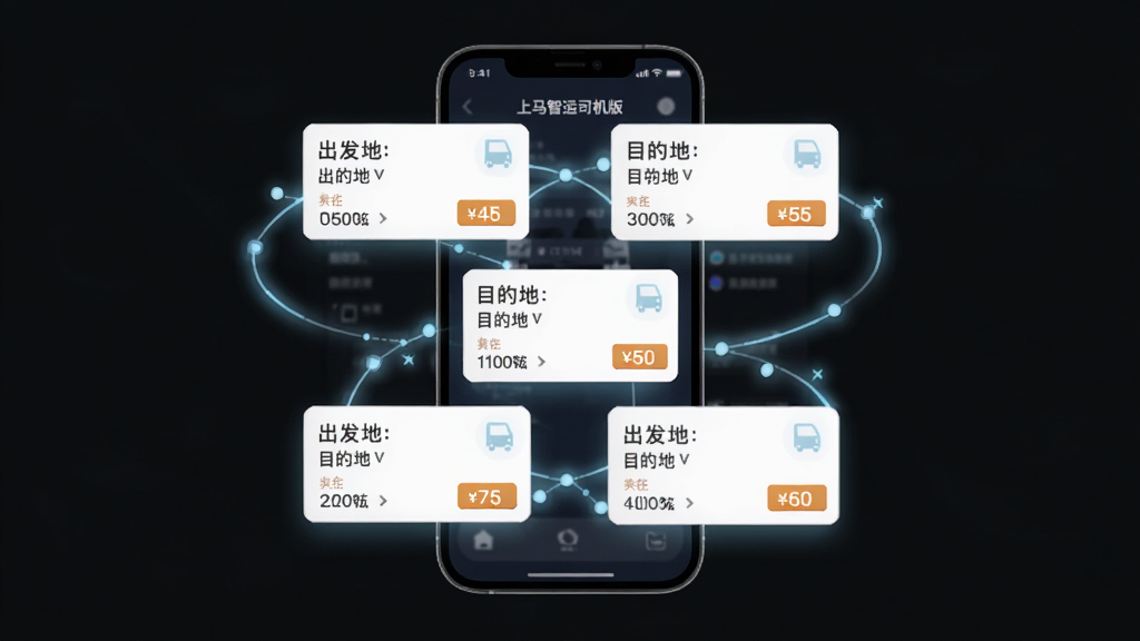 为上马智运司机版设计一张功能展示图,画面主体是手机屏幕中浮现出多个货源卡片,卡片上有出发地、目的地、货物类型和价格标签,周围有淡蓝色光效连接线,布局居中对称,风格扁平化商务,细节清晰,画质干净,无多余元素