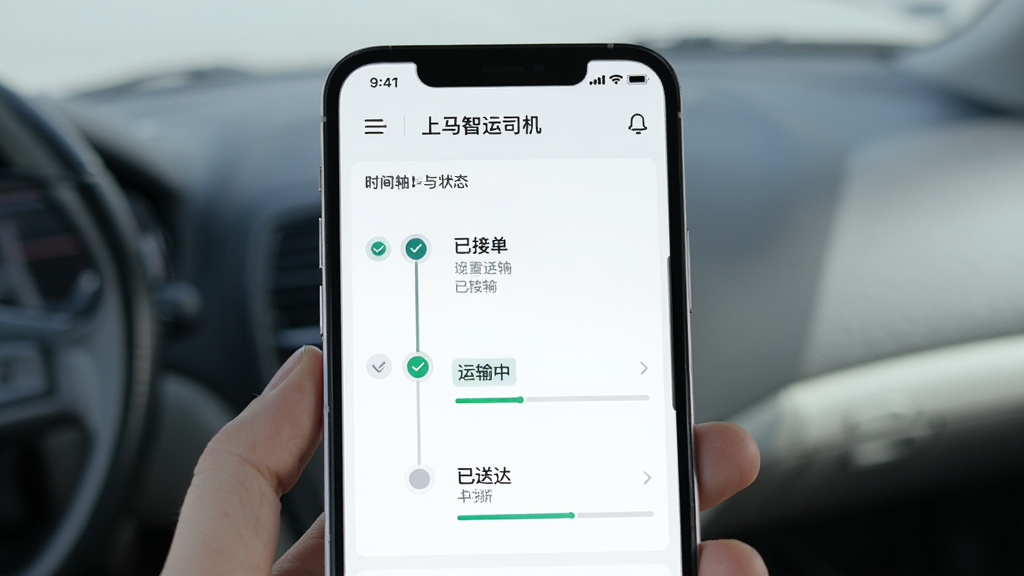 展示上马智运司机版运单管理功能的图片,手机屏幕中显示运单时间轴与状态标签,包括已接单、运输中、已送达等节点,背景为柔和浅色,风格清爽简约,细节有勾选图标与进度条,画质清晰,干净,无多余元素