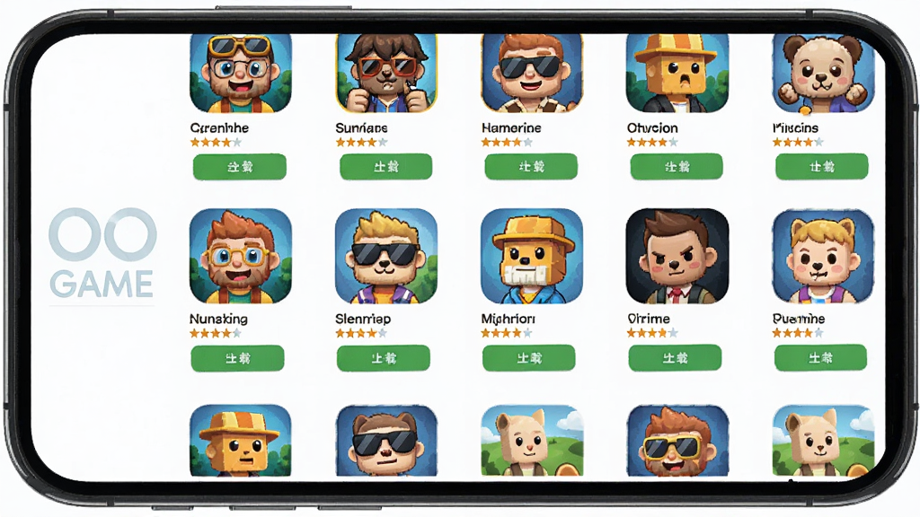 OO GAME游戏库界面展示,主体为手机屏幕中呈现网格状游戏列表;布局为多行多列图标排列,每个图标下方标注游戏名称;排版整齐有序;风格为扁平化应用商店风格;细节包括游戏封面、评分星级、下载按钮;画质清晰,干净,无多余元素