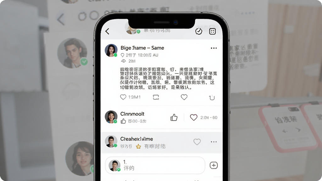 OO GAME社区互动界面展示,主体为手机屏幕显示玩家帖子列表与评论区;布局为上下结构,上方为帖子标题与内容摘要,下方为评论输入框;排版清晰;风格为社交应用界面;细节包括用户头像、点赞图标、时间戳;画质高清,干净,无多余元素