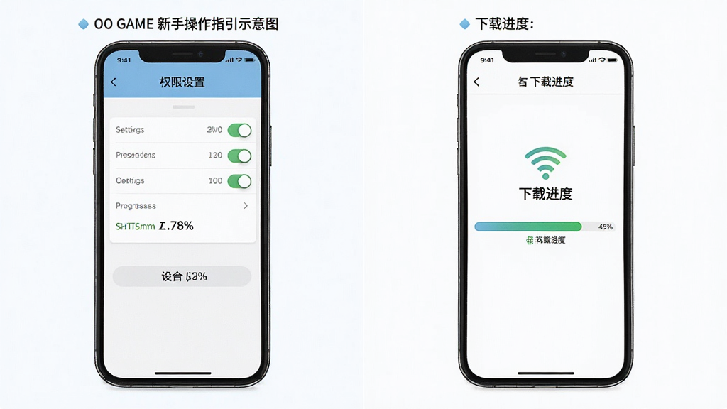 OO GAME新手操作指引示意图,主体为手机屏幕展示安装权限设置与下载进度界面;布局为左右分屏对比,左侧为权限设置页面,右侧为下载进度条;排版简洁明了;风格为教程图解;细节包括设置选项开关、进度百分比、WiFi图标;画质清晰,干净,无多余元素