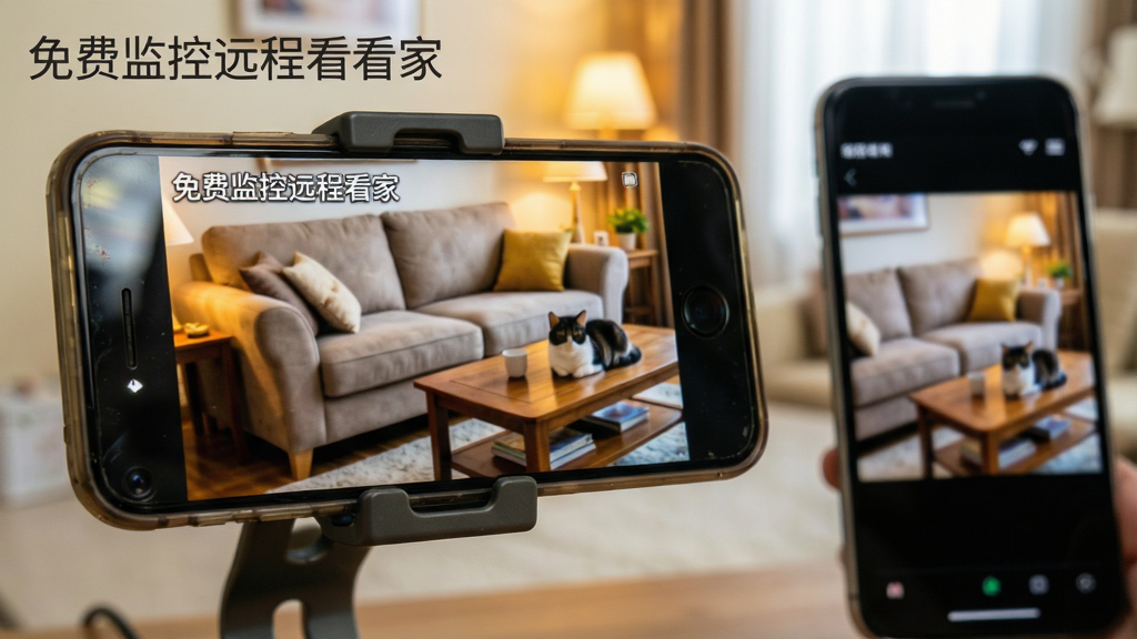 一张展示免费监控远程看家软件实际使用场景的图片,画面主体是一部旧手机被固定在家用支架上,手机屏幕显示着客厅的实时监控画面,画面中有沙发、茶几和宠物猫,布局采用左中右三分法,左侧放置手机与支架,中间为监控画面特写,右侧为另一部手机显示远程观看界面,整体风格为写实科技风,细节包含手机边框、镜头反光、室内暖色灯光,画质清晰干净,无多余元素,图片中文字标注“免费监控远程看家”