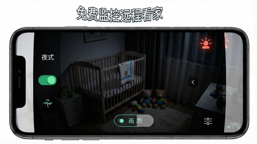 免费监控远程看家的夜视模式界面,手机屏幕显示昏暗房间内的监控画面,画面中隐约可见婴儿床和玩具,风格为暗光科技风,细节包含夜视模式开关、画质切换按钮、红外感光图标,画质清晰干净,无多余元素,图片中文字标注“免费监控远程看家”