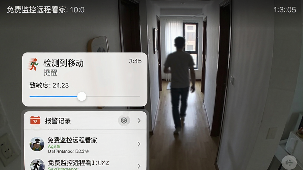 手机屏幕显示免费监控远程看家的报警推送通知,通知栏弹出“检测到移动”的提醒,背景为家庭走廊监控画面,画面中有一个人影经过,风格为写实手机界面截图风,细节包含时间戳、灵敏度滑块、报警记录列表,画质清晰干净,无多余元素,图片中文字标注“免费监控远程看家”