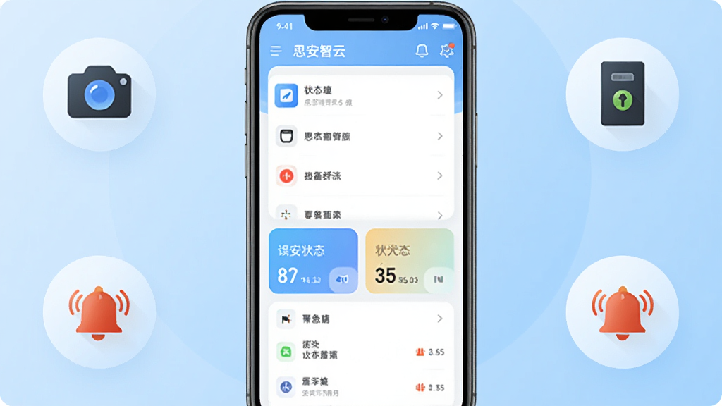 思安智云手机应用主界面展示,画面中央是一部竖屏智能手机,屏幕内显示设备列表与状态卡片,背景为浅蓝色渐变,周围环绕摄像头图标、门禁图标、告警铃铛图标,整体布局简洁对称,风格现代科技感,细节清晰,画质干净,无多余元素