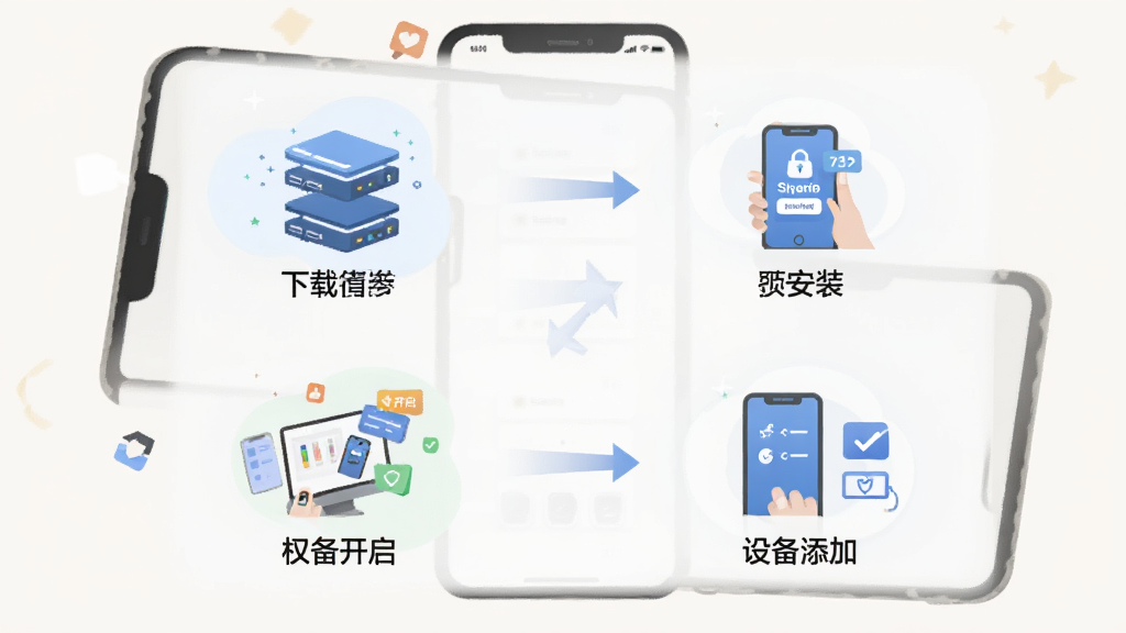 思安智云新手安装设置流程图,画面为手机屏幕分步展示下载、安装、权限开启、设备添加四个步骤,布局为纵向排列,风格扁平化插画,细节清晰,画质干净,背景为浅色,无多余元素