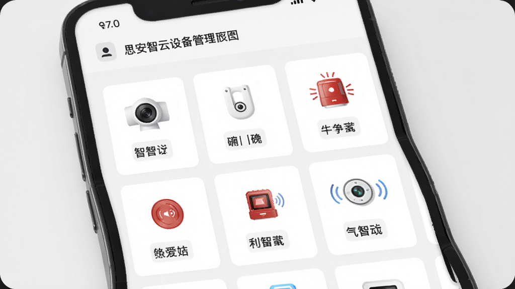 思安智云设备管理界面生图,画面主体为手机屏幕显示多台智能设备卡片排列,每张卡片带有摄像头、门磁、报警器等图标,布局整齐,背景为白色与浅灰搭配,风格简约商务,细节精致,画质清晰干净
