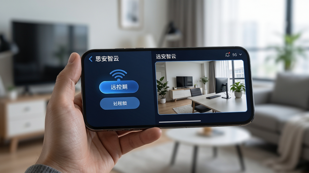 思安智云远程控制功能展示图,画面为一只手握持手机,手机屏幕显示远程控制按钮与实时画面窗口,背景为模糊的室内环境,布局聚焦手机屏幕,风格写实科技,细节丰富,画质干净,无多余元素