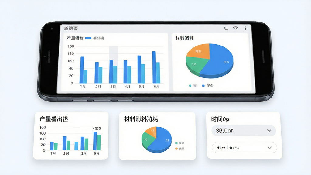 凯尔智慧运维数据报表界面展示,主体为一部安卓手机,屏幕上显示柱状图和饼状图组合的数据看板,手机下方悬浮几个数据卡片图标,布局采用居中偏下构图,风格为清新浅色商务风,细节包含产量柱状图、材料消耗饼图、时间筛选器,画质高清,画面干净,无多余元素