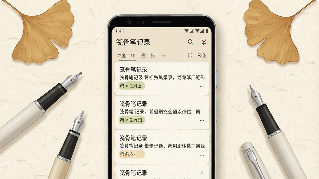 一张展示笺骨笔记录软件主界面的概念图。画面中央是一台竖屏安卓手机,屏幕内显示笺骨笔记录的笔记列表界面,背景为浅米色纸张纹理。手机周围散落着几支极简风格的钢笔和几片干枯的银杏叶。整体布局采用居中构图,风格为清新简约的办公场景插画,细节包括手机屏幕上的「笺骨笔记录」文字标识和笔记条目。画质清晰,光线柔和,干净无多余元素。