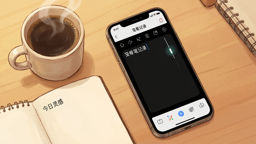 一张展示笺骨笔记录快速记录功能的AI生图。画面主体是一部手机,屏幕上显示着笺骨笔记录的编辑界面,光标正在闪烁,底部工具栏清晰可见。手机旁边放着一杯冒热气的咖啡和一个打开的纸质笔记本。布局采用俯视角度,风格为温馨的桌面静物摄影感插画,细节包括手机屏幕上的「笺骨笔记录」字样和输入框内的文字「今日灵感」。画质细腻,干净整洁,无多余元素。