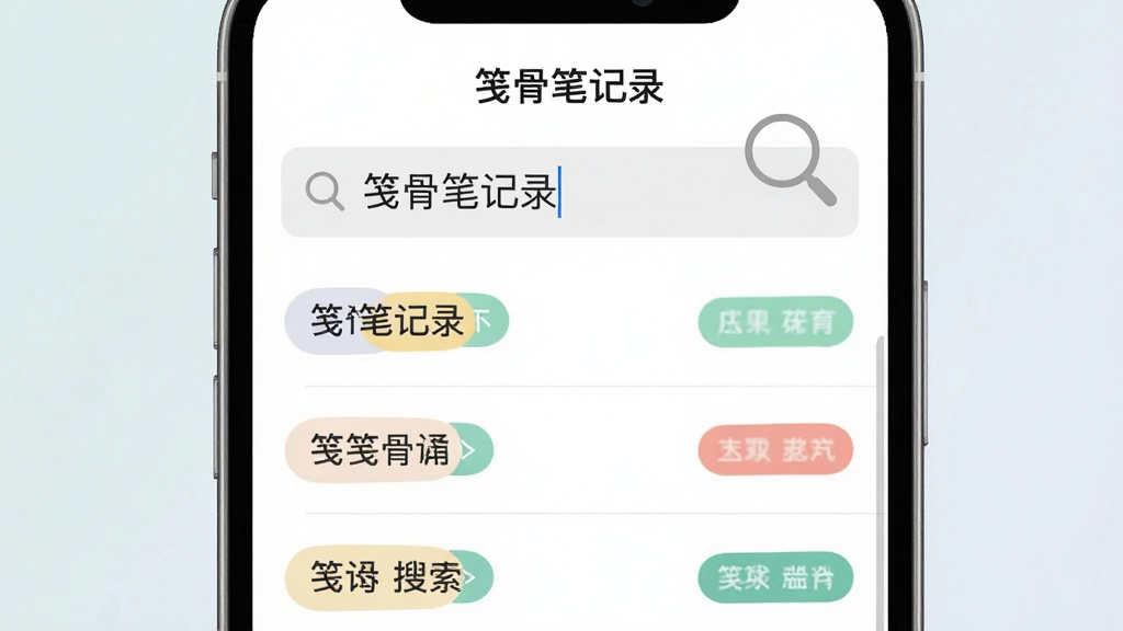 一张展示笺骨笔记录标签与搜索功能的AI生图。画面为一个手机屏幕特写,显示搜索界面,搜索框内输入了关键词,下方列表展示出多条匹配的笔记条目,每条笔记旁边有彩色标签。布局采用居中特写,风格为现代扁平化UI展示图,细节包括搜索框的放大镜图标和「笺骨笔记录」的顶部标题。画质清晰,色彩柔和,干净无多余元素。