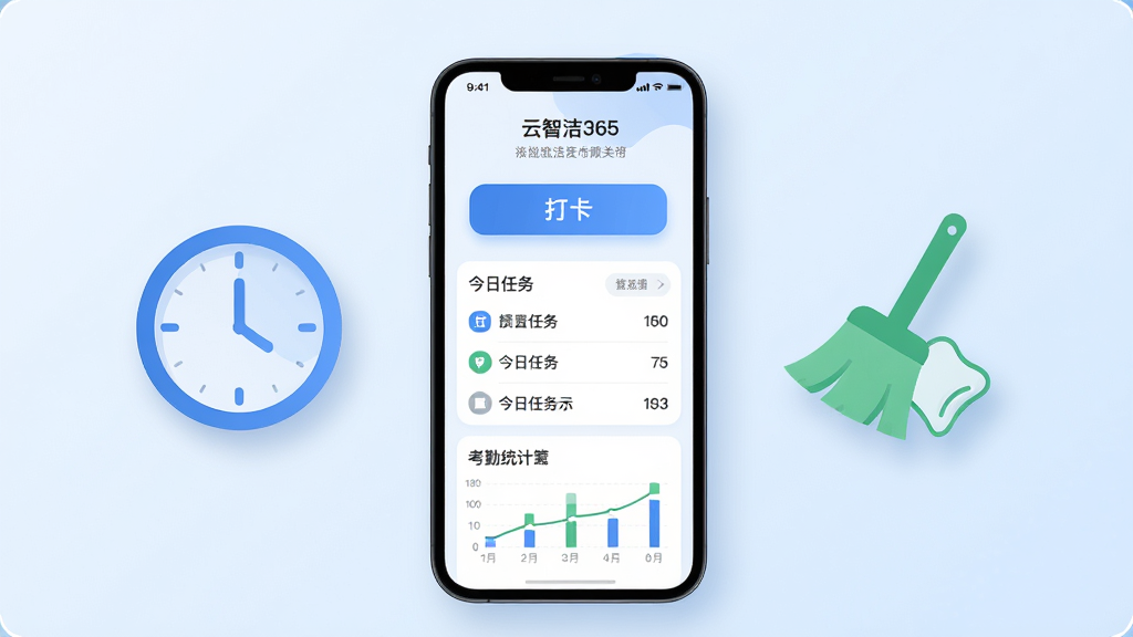 画面中央放置一部智能手机,屏幕显示“云智洁365”应用主界面,界面中包含打卡按钮、今日任务列表与考勤统计图表。手机左侧漂浮一个蓝色圆形时钟图标,右侧漂浮一个绿色扫帚与抹布组合图标,背景为淡蓝色渐变,整体布局简洁对称。风格为扁平化科技插画,细节包括柔和的投影、圆角卡片、清晰的数字标签。画质高清,画面干净,无多余元素。