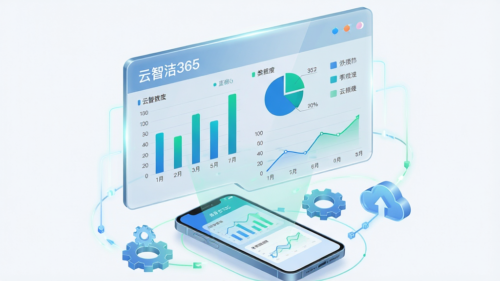 画面中央是一块悬浮的透明数据面板,面板上显示“云智洁365”数据报表,包含柱状图、饼图与折线图,图表颜色为蓝绿搭配。面板下方有一部手机正在同步数据,周围环绕齿轮与云朵图标。布局为上下结构。风格为科技数据可视化插画,细节包括发光线条、半透明玻璃质感、数字标签。画质高清,画面干净,无多余元素。