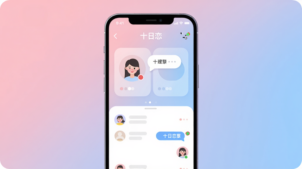 一张展示“十日恋”手机应用主界面的插画,主体是一部竖屏智能手机,屏幕中显示交友匹配卡片和聊天列表,布局居中,背景是柔和的粉蓝渐变,风格为扁平化UI展示风,细节包含圆角图标、头像气泡、在线状态小圆点,画质清晰干净,无多余元素