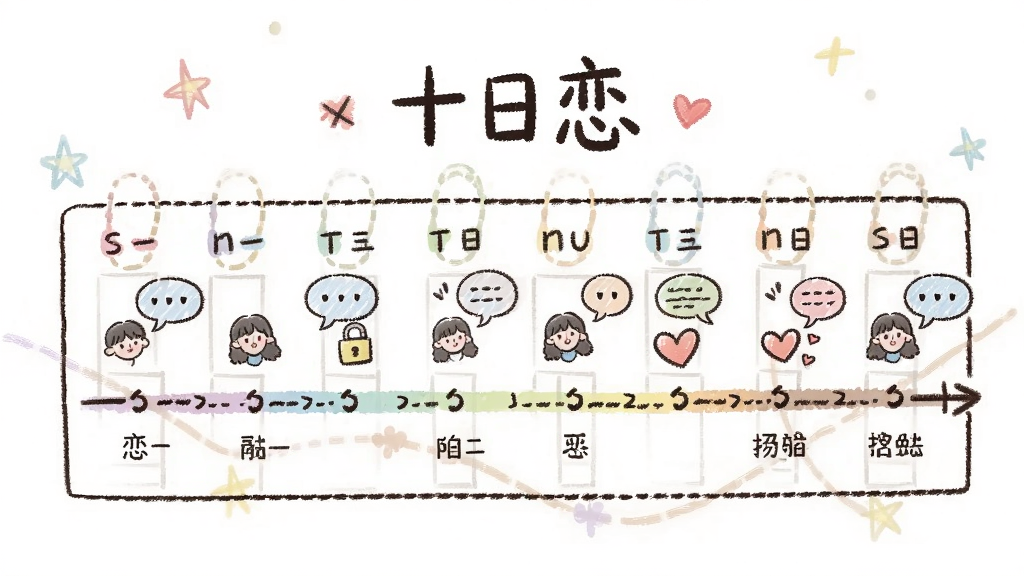 一张表现“十日恋”十天互动节奏的示意图,主体是日历样式的十天进度条,布局为横向时间轴,风格为清新手绘风,细节包含每天解锁的小图标、对话气泡、爱心符号,画质清晰干净,无多余元素