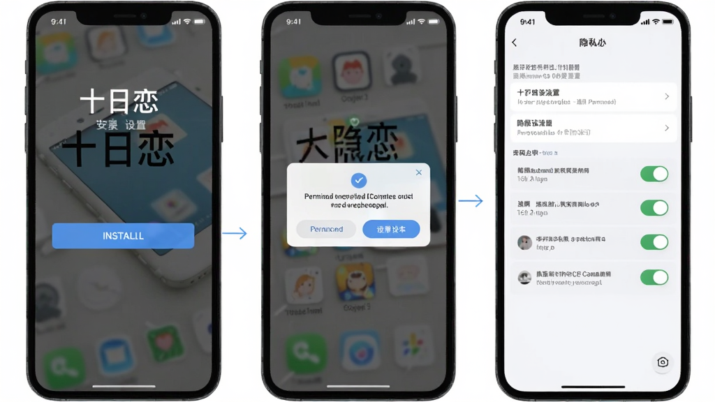 一张展示“十日恋”安装与权限设置步骤的手机界面示意图,主体是三部并排的手机屏幕,布局为横向排列,风格为简洁教程风,细节包含安装按钮、权限弹窗、隐私设置开关,画质清晰干净,无多余元素