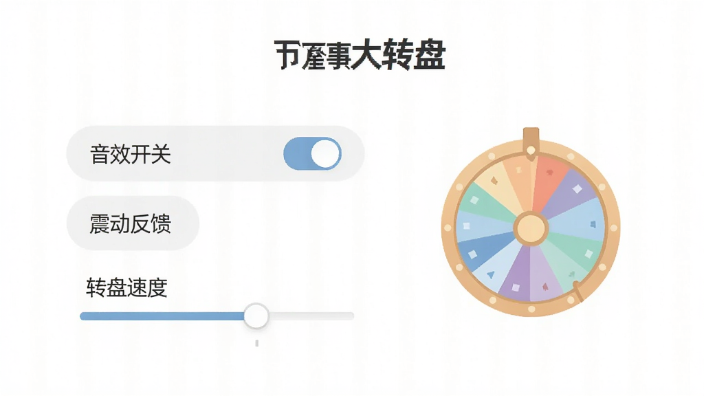 一张展示“万事大转盘”设置界面的图片,界面上有“音效开关”“震动反馈”“转盘速度”等选项,旁边配有一个小转盘图标,整体风格极简,配色柔和,背景为白色,细节清晰,画质干净,无多余元素