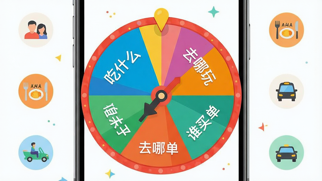 画面中央放置一个色彩明快的圆形转盘,转盘上均分多个扇形区域,每个区域写有“吃什么”“去哪玩”“谁买单”等短句,转盘指针停在其中一个扇区,背景是干净简约的手机屏幕界面,周围点缀几个小图标表示聚会、点餐、出行场景,整体风格活泼清新,扁平化设计,细节清晰,画质干净,无多余元素,适合作为软件展示图