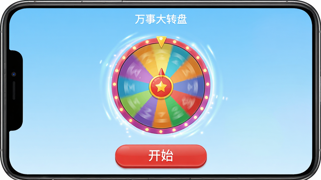 一张手机界面截图风格的图片,屏幕中央是“万事大转盘”应用的主界面,一个彩色大转盘正在旋转,转盘边缘带有光效,下方有一个醒目的红色“开始”按钮,屏幕上方显示软件名称“万事大转盘”,背景为浅蓝色渐变,整体风格简洁明快,细节清晰,画质干净,无多余元素