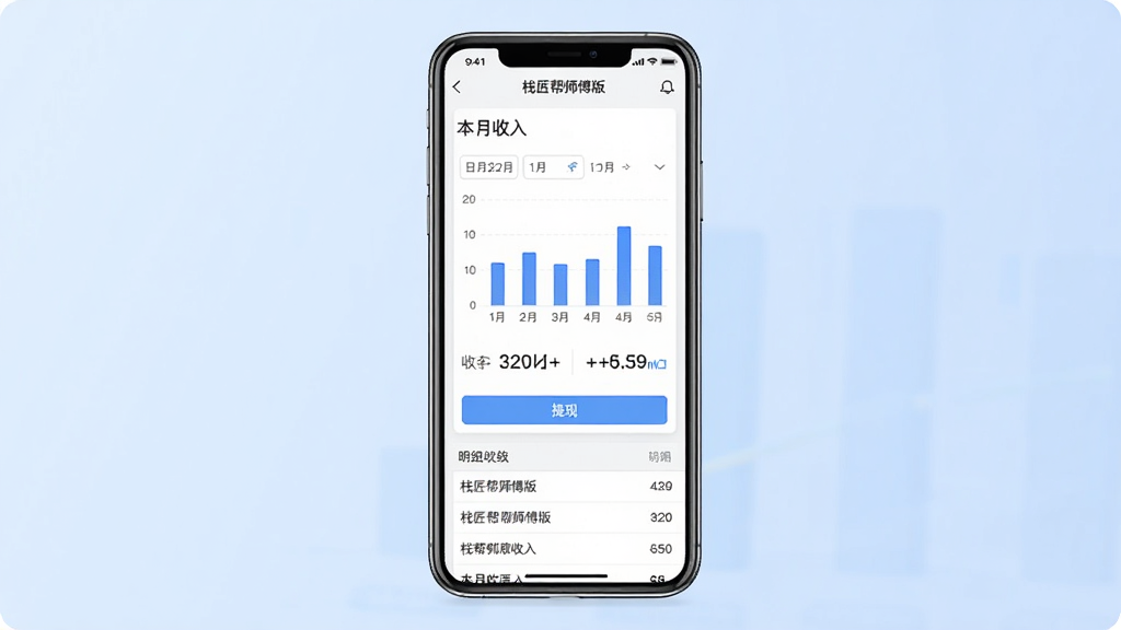 栈匠帮师傅版收入统计页面展示图,主体是手机屏幕显示柱状图和收入数字,布局为手机居中,背景是淡蓝色渐变,风格为简约商务数据可视化,细节包括日期筛选标签、提现按钮和明细列表,画质高清,干净无多余元素,屏幕中文字显示