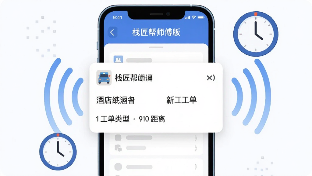栈匠帮师傅版实时工单推送功能展示图,主体是手机屏幕弹出新工单通知卡片,布局为手机居中,周围环绕信号波纹和时钟图标,风格为科技感扁平插画,细节包括通知卡片上的酒店名称、工单类型和距离信息,画质清晰,干净无多余元素,画面中文字显示
