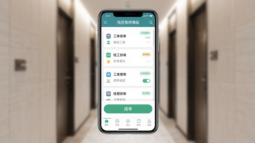 栈匠帮师傅版手机应用界面展示,主体是一部智能手机,屏幕显示工单列表和接单按钮,布局为居中放置,背景是简洁的酒店走廊虚化场景,风格为现代扁平化UI设计,细节包括清晰的图标、状态标签和底部导航栏,画质高清,干净无多余元素,屏幕中文字显示