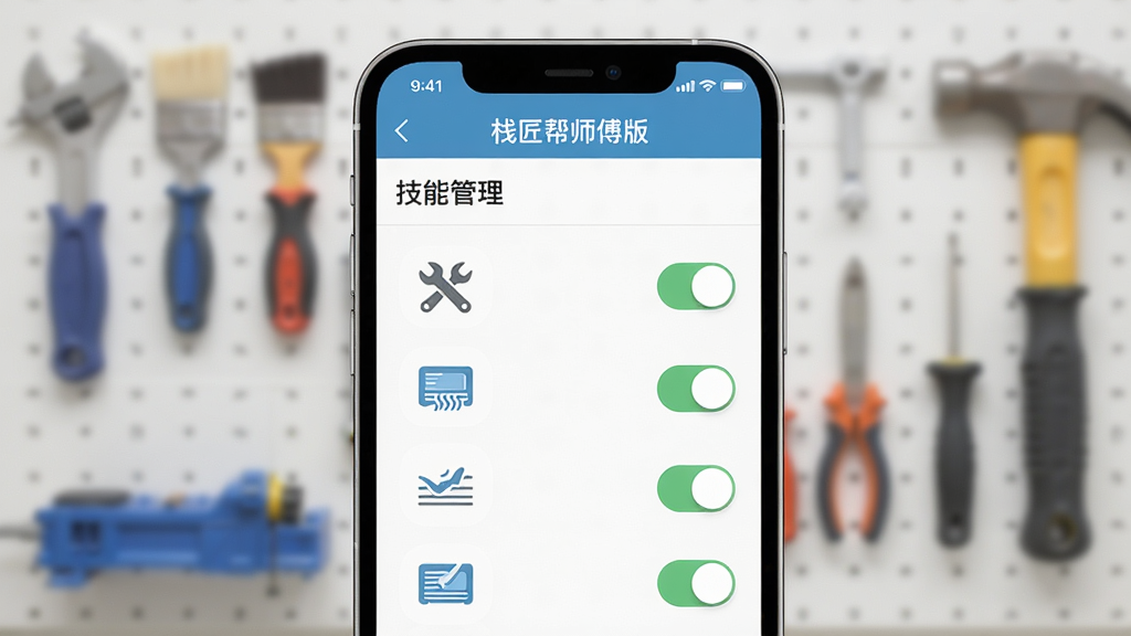栈匠帮师傅版技能标签管理界面展示图,主体是手机屏幕显示多个技能标签开关,布局为手机居中,背景是工具墙虚化,风格为写实与扁平结合,细节包括扳手、刷子、空调图标和勾选状态,画质清晰,干净无多余元素,屏幕中文字显示