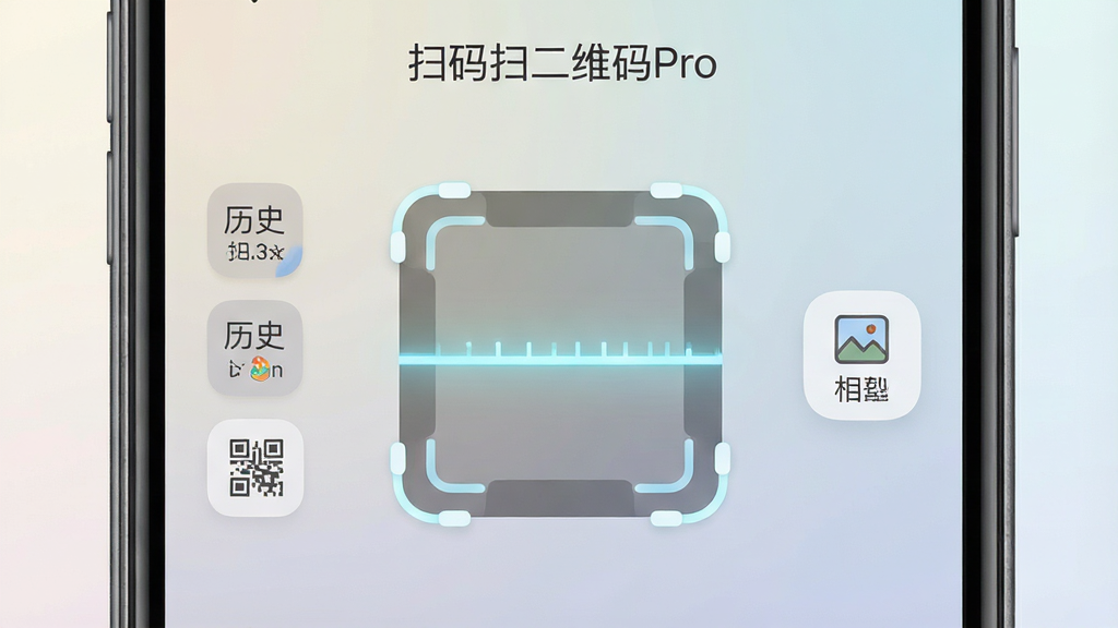 一张展示智能手机屏幕的图片,屏幕上显示“扫码扫二维码Pro”应用界面,中央为扫描框,周围有历史记录和相册导入按钮,背景为简洁的浅色渐变,风格为扁平化UI设计,细节包括扫描线动画、图标圆润、文字清晰,画质高清,干净,无多余元素