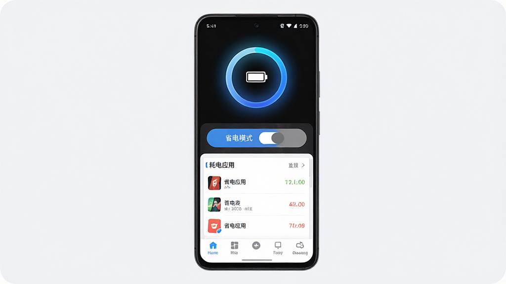 省悠APP主界面全貌展示,画面中央是一部Android手机,屏幕显示省悠应用首页,顶部为电池电量圆环图标,中部为省电模式切换按钮和耗电应用列表,底部为功能导航栏,整体布局清晰有序,排版采用上下结构层次分明,风格为现代科技简约风,细节上电量圆环带有蓝色渐变光效,背景为浅灰白色,画质高清干净无多余元素