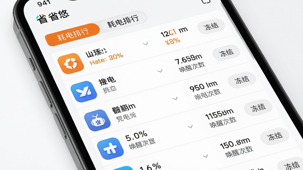 省悠后台应用管控界面展示图,画面为手机屏幕显示省悠的后台应用列表页面,列表中每行显示一个应用图标、名称、耗电百分比和唤醒次数,右侧有冻结按钮,顶部有耗电排行标签,布局为纵向列表式,排版清晰,风格为清爽简约风,细节上耗电高的应用用橙色标注,背景为纯白色,画质高清干净无多余元素