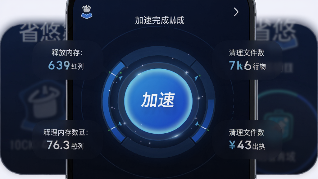 省悠一键加速清理功能展示图,画面为手机屏幕显示省悠的加速完成页面,中央为一个大的加速按钮,周围环绕着释放内存大小和清理文件数量的数据展示,布局为居中环形结构,排版对称美观,风格为动感科技风,细节上加速按钮带有蓝色光晕效果,背景为深色渐变,画质高清干净无多余元素