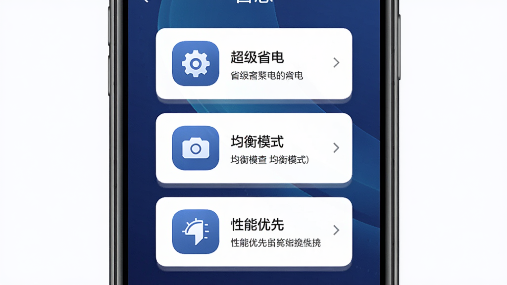 省悠智能省电模式功能展示图,画面中心是一部手机屏幕显示省悠的省电模式选择界面,三个模式卡片纵向排列分别为超级省电、均衡模式、性能优先,每个卡片配有对应的图标和简要说明文字,布局为居中纵向排列,排版整齐,风格为扁平化科技风,细节上每个卡片带有轻微阴影和圆角,背景为深蓝色渐变,画质高清干净无多余元素
