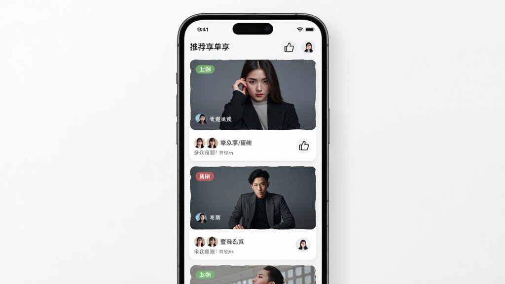 壹众享个性化推荐页面展示,主体为手机屏幕中显示推荐内容卡片流,布局为纵向瀑布流,排版为单列大图加文字说明,风格为现代时尚,细节包含推荐标签、用户头像、点赞图标,画质高清,干净,无多余元素。