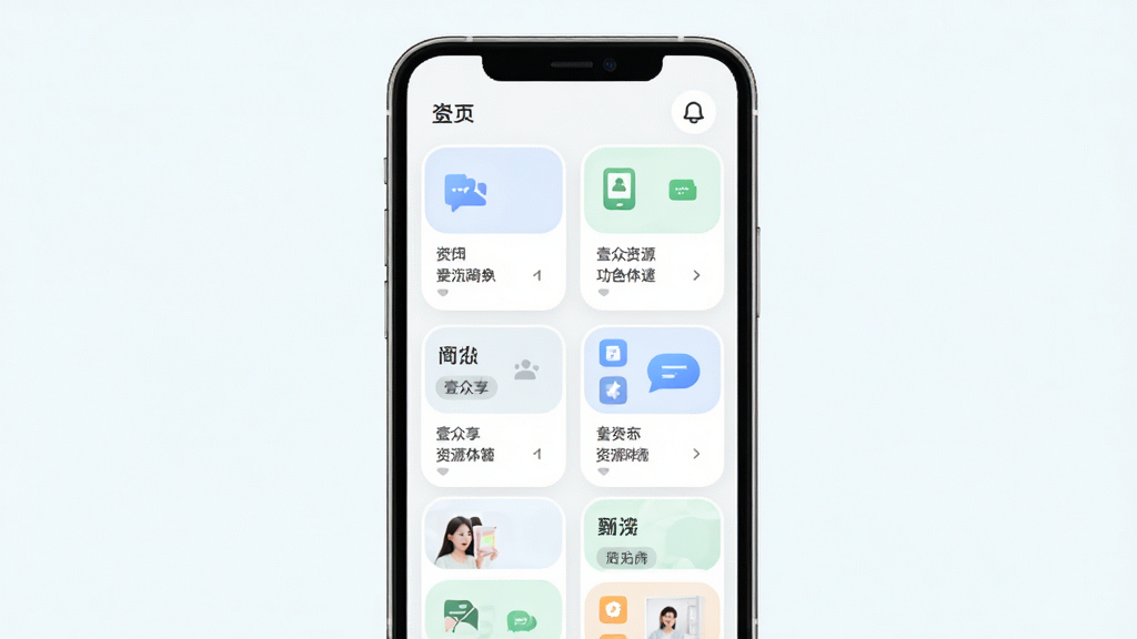 壹众享资源聚合功能展示图,主体为手机屏幕中呈现多个资源卡片整齐排列,布局为纵向滚动列表,排版为两列网格,风格为清新浅色系,细节包含卡片圆角、图标点缀、分类标签,画质高清,干净,无多余元素。