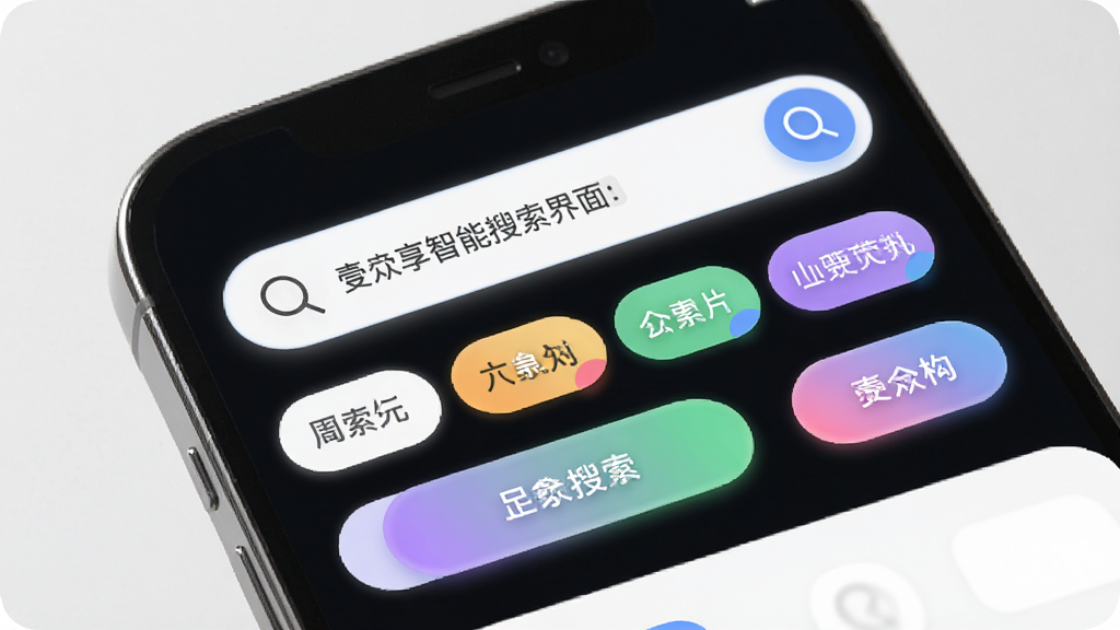 壹众享智能搜索界面展示,主体为手机屏幕显示搜索框与分类标签,布局为顶部搜索栏加下方分类胶囊按钮,排版为横向排列,风格为柔和圆角设计,细节包含放大镜图标、彩色分类标签、渐变按钮,画质高清,干净,无多余元素。